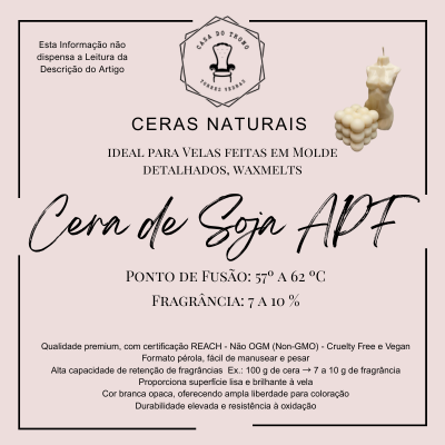 Cartaz promocional de cera de soja APF com duas velas naturais pérola em fundo branco.