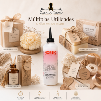Produtos artesanais incluindo vela floral, sabonetes, aromatizador e cola líquida NOR TIC