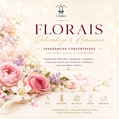Promoção de fragrâncias florais com flores e texto explicativo da marca Criativo