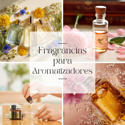 Frascos de fragrâncias, flores e mãos aplicando óleo essenciais com texto promocional sobre aromatizadores.