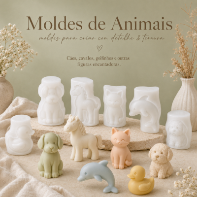 Moldes e figuras de animais em cores suaves sobre superfície clara com decoração de flores secas.