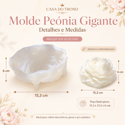 Molde em silicone branco translúcido formato peónia gigante com medidas e texto informativo