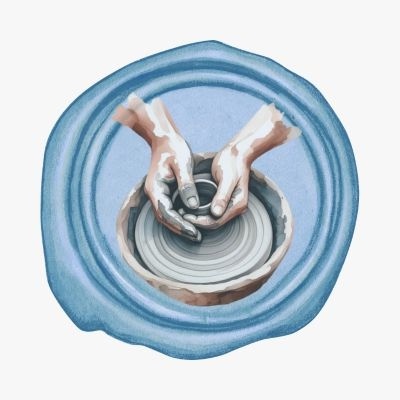 Mãos moldando argila num torno de oleiro com fundo azul cerâmico
