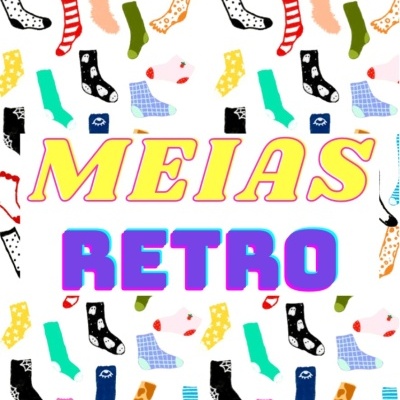 Várias meias coloridas e com padrões diversos em fundo branco com texto MEIAS RETRO.