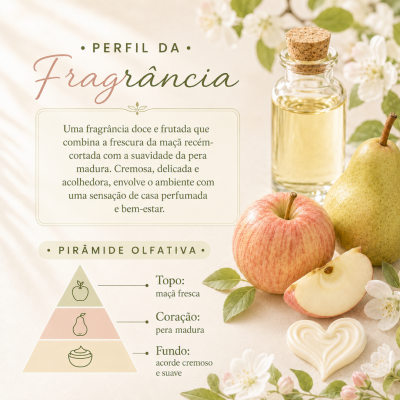 Frasco de vidro com fragrância ao lado de maçã, pêra e flores brancas sobre mesa clara com descrição das notas olfativas.