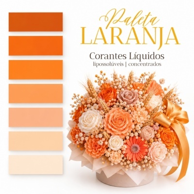 Paleta de cores em tons de laranja e arranjo floral laranja e branco com texto promocional.