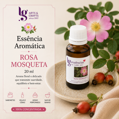 Frasco de essência aromática rosa mosqueta com ramos e flor rosa