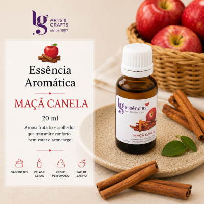 Frasco de essência aromática de maçã canela com paus de canela e maçãs em cesta ao fundo