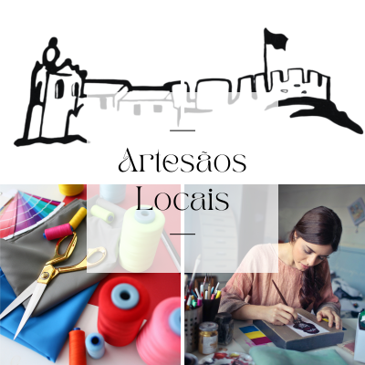 Ilustração de castelo, textos Artesãos Locais, materiais de costura coloridos e mulher a pintar obra artesanal
