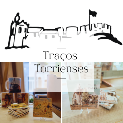 Montagem com desenho de torre, canecas com desenhos castanhos e azulejos com ilustrações e texto 'Torres Vedras'