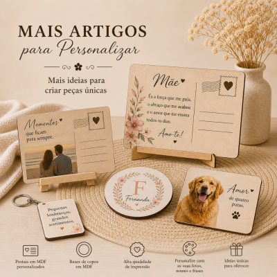Cartões postais personalizáveis e bases para copos em MDF decorados com flores e fotos sobre superfície clara.