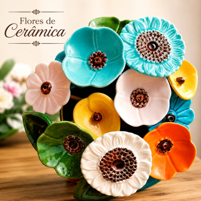 Arranjo colorido de flores de cerâmica com centros castanhos