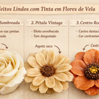 três flores decorativas de cera com técnicas diferentes de pintura com tinta