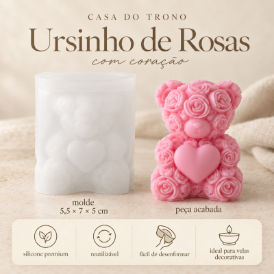 Molde silicone transparente e ursinho rosa de rosas com coração