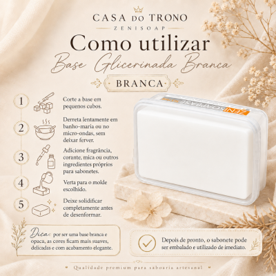 Bloco branco de base glicerinada para sabonetes em caixa plástica com instruções de uso em português.