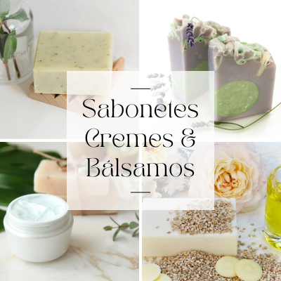 Quatro produtos de cuidados pessoais em fundo branco com texto central