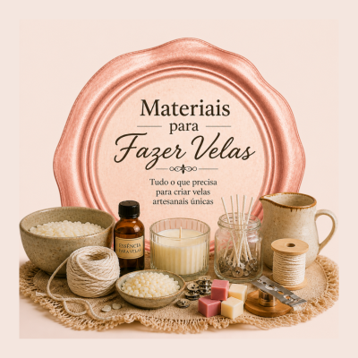 Materiais para fazer velas, incluindo ceras em grãos, essência, pavios, corda, pedaços de cera e jarra cerâmica