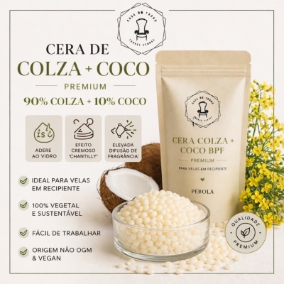 Cera de colza e coco em grânulos, embalagem castanha, coco partido, flores amarelas e texto explicativo