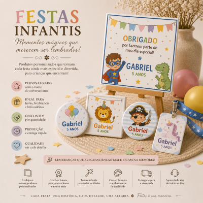 Produtos personalizados para festas infantis com temática colorida e personagens infantis ilustrados.
