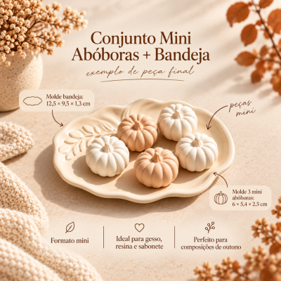 Mini abóboras creme e bege numa bandeja de cerâmica creme com relevo e decoração de plantas secas