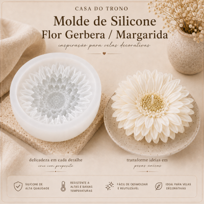 Molde de silicone branco e vela decorativa em forma de flor Gerbera/Margarida sobre superfície neutra.