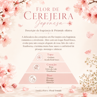 Descrição da fragrância Flor de Cerejeira Japonesa com pirâmide olfativa e flores de cerejeira rosa