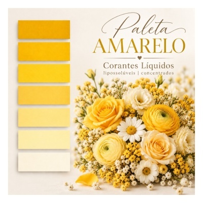 Paleta de cores amarelas e arranjo floral amarelo e branco com texto sobre corantes líquidos.