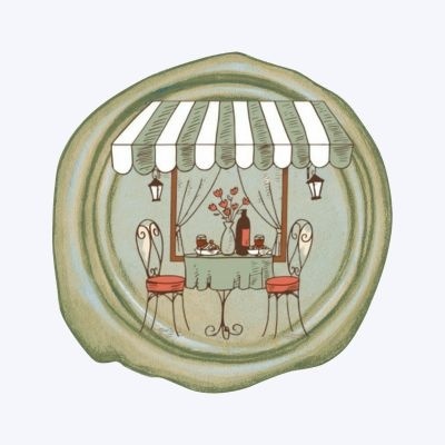 Ilustração de mesa de jantar para dois com cadeiras, vinho e flores sob toldo verde e branco