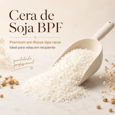 Cera de soja em flocos brancos com texto promocional em fundo claro