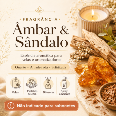 Fragrância Âmbar & Sândalo para velas e aromatizadores com elementos naturais e vela acesa