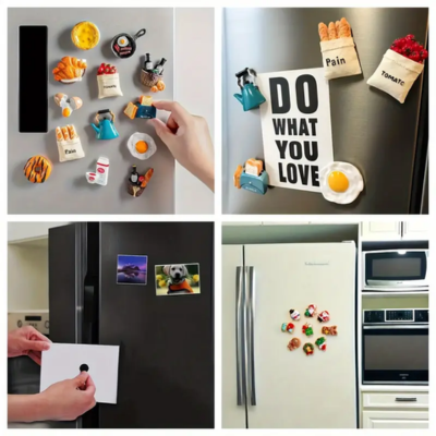 Imãs de frigorífico decorativos com temas alimentares e frases em fundo de frigorífico