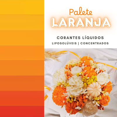 Palete de cores laranja, texto promocional e arranjo de flores artificiais em tons laranja e branco
