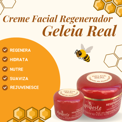 Dois frascos vermelhos de creme facial regenerador Geleia Real com texto promocional e ilustrações de hexágonos e abelha