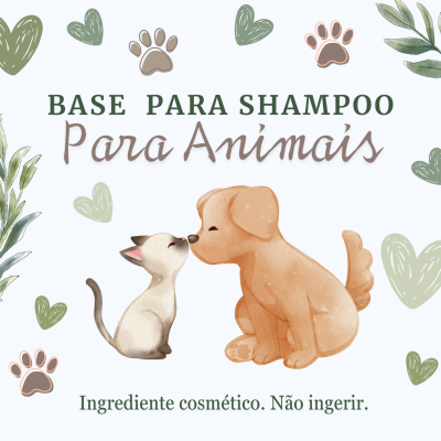 Ilustração de gato e cão com texto sobre base para shampoo para animais e aviso de ingrediente cosmético