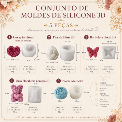 Conjunto de moldes de silicone 3D com 5 peças de designs florais e animais, com dimensões e pesos indicados