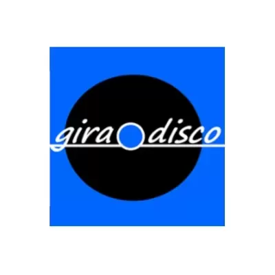 Disco preto com texto 'gira disco' em fundo azul
