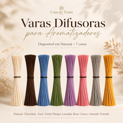Varas difusoras para aromatizadores em diversas cores organizadas lado a lado em fundo neutro