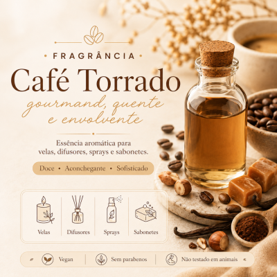 Essência aromática Café Torrado em frasco de vidro com tampa de cortiça, ao lado de café em grão, caramelos, favas de baunilha e avelãs, com texto informativo sobre o produto