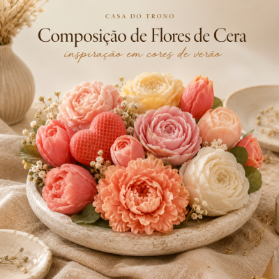 Composição de flores de cera coloridas em prato rústico sobre fundo neutro