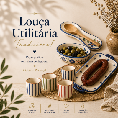 Conjunto de louça utilitária tradicional em cerâmica colorida com padrão floral e riscas