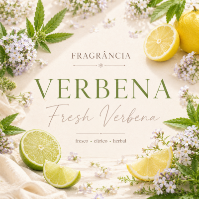 Composição com limões, limas, flores lilases e folhas verdes e texto sobre fragrância verbena