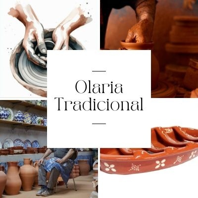 Colagem de imagens de olaria tradicional com texto no centro