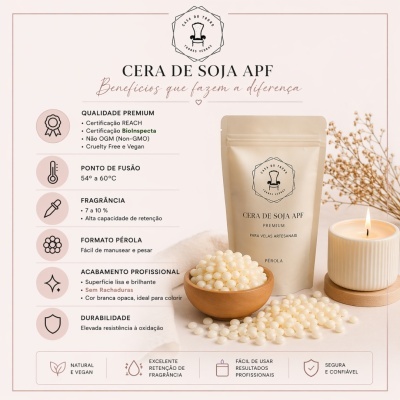 Embalagem bege de cera de soja APF premium com pérolas brancas e vela acesa