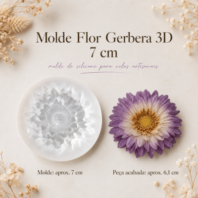 Molde em silicone transparente e peça acabada em forma de flor Gerbera 3D em tons lilás, creme e amarelo