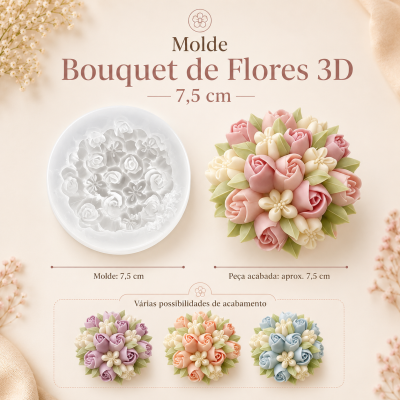 Molde 3D de buquê de flores e exemplos de peças acabadas coloridas.