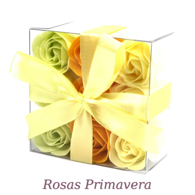 Embala caixa de rosas artificiais coloridas com fita amarela.
