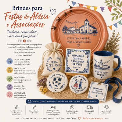 Brindes personalizados para festas de aldeia incluindo placa, saco, azulejos, caneca e crachá com motivos tradicionais.