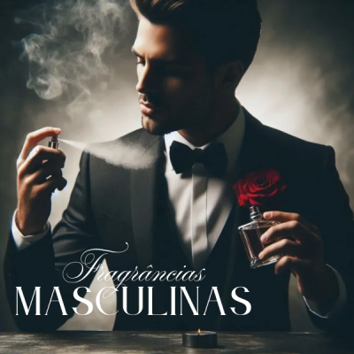 Homem elegante a aplicar perfume masculino com frasco transparente e flor vermelha