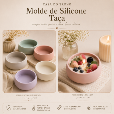 Moldes de silicone para velas decorativas em várias cores com vela acesa e vaso de flores ao fundo