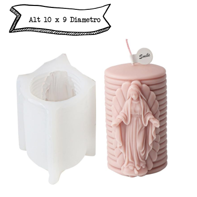 Molde de silicone branco e vela rosa decorativa com figura de Nossa Senhora em relevo